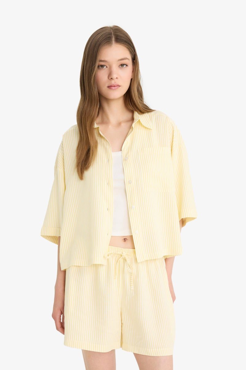 DeFacto Yellow Woman Oversize Shirt Collar Linen Blended Short Sleeve Shirt Casual - Image 4